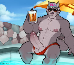 alcohol anthro balls beverage big_penis canine clothing conal_(character) erection eyewear humanoid_penis looking_at_viewer male male_only mammal marlon.cores muscular muscular_male nipples penis sitting smile solo sunglasses theta_iota_kappa uncut underwear