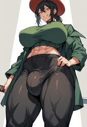 abs ai_generated big_breasts black_hair breasts bulge bulge_through_clothing cap coat crop_top croptop futanari implied_futanari large_breasts light-skinned_futanari light_skin looking_at_viewer muscular muscular_futanari oc orange_eyes original original_character pants ponytail self_upload smile smirking_at_viewer solo solo_focus solo_futa sword thick_thighs uncensored viewed_from_below weapon wide_hips