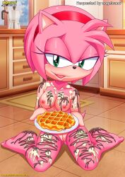 1girls amy_rose anthro barefoot bbmbbf blush breakfast breasts female female_only food food_fetish food_on_body food_on_breasts food_play looking_at_viewer medium_breasts mobian_(species) mobius_unleashed nipples nude nude_female open_mouth palcomix pussy sega solo sonic_(series) sonic_the_hedgehog_(series) tongue waffle