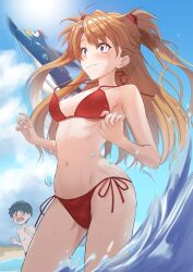 1boy 1girls animal asuka_langley_sohryu bikini_malfunction cloud embarrassed hair_ornament highres long_hair midriff neon_genesis_evangelion nipple_slip nipples ocean orange_hair pen_pen penguin purple_eyes shinji_ikari side_tie_bikini sky small_breasts standing string_bikini surprised swimsuit teen teenage_girl teenager topless wardrobe_malfunction water wave white_body white_skin young younger_female