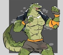 1boy 2023 anthro anthro_focus anthro_only anthro_solo bulge bulge_through_clothing crocodile crocodilian crocodylid digital_drawing_(artwork) digital_media_(artwork) erect_penis erection fangs fingerless_gloves gloves male male_anthro male_focus male_only muscles muscular muscular_anthro muscular_male musk musk_clouds musky_cock navel nipples open_mouth open_smile p0sporo partially_clothed partially_clothed_male penis penis_outline reptile reptile_humanoid sales scalie smile smiley_face solo solo_anthro solo_focus solo_in_panel solo_male steam steam_clouds steaming_body tail tongue tongue_out wet_clothing