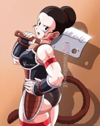 1girls alternate_costume animal_tail armor ass ass_focus big_ass black_hair bubble_ass bubble_butt butcher_knife chichi commentary cosplay dragon_ball dragon_ball_super dragon_ball_z facial_scar hair_ornament huge_ass instagram_username knife leotard leotard_under_clothes mature mature_female milf monkey_tail muscular muscular_female open_mouth panties pinup revealing_clothes saiyan saiyan_armor saiyan_tail scar scar_on_cheek scar_on_face solo solo_focus tail thick_thighs thighs url vito_dibujoz voluptuous watermark weapon