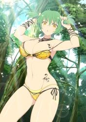 1girls alternate_hairstyle big_breasts bikini blank_stare breasts cleavage detailed_background forest green_hair hikage_(senran_kagura) large_breasts looking_at_viewer looking_down midriff senran_kagura senran_kagura_(series) solo sunrays tattoo thighs trees twintails yaegashi_nan yellow_eyes