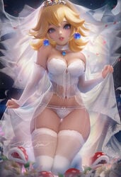 blonde_hair blue_eyes breasts bridal_lingerie bride bustier cleavage corset curvy earrings female female_only garter_belt hourglass_figure lingerie looking_at_viewer mario_(series) medium_breasts nintendo panties piranha_plant princess_peach realistic sakimichan skindentation small_waist solo solo_female super_mario_odyssey thick_thighs thighhighs wedding_dress wedding_lingerie
