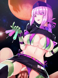 1boy bangs beltskirt bikini breasts censored censored_penis clothed_sex fate/grand_order fate_(series) female female_on_top florence_nightingale_(fate) florence_nightingale_(trick_or_treatment)_(fate) full_moon garter_straps gloves green_gloves green_legwear hat highres id_card large_breasts long_hair miniskirt moon navel night okuri_banto parted_lips pink_hair purple_skirt purple_thong red_eyes red_moon revealing_clothes sex short_sleeves skirt smile stomach swimsuit syringe thighhighs thong thong_aside trick_or_treatment underwear vaginal_penetration wet_penis yandere