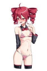 1girls 2d 2d_(artwork) arm_warmers bashful bikini blush blushing bowtie breasts collar_only embarrassed female female_only hu2924 kasane_teto red_eyes red_hair small_breasts solo standing stomach striped_bikini striped_panties sweat sweatdrop thighhighs twin_drills twintails twirling_hair young