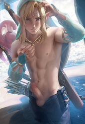 2boys abs absurdres androgynous artist_name balls ballsack blonde_hair blue_eyes breath_of_the_wild circlet crossdressing cute_male erection femboy gerudo_link gerudo_sirwal girly highres humanoid humanoid_penis hylian intact link long_hair_male looking_at_viewer male male_nipples male_only open_pants patreon_username penile_raphe penis penis_out pointy_ears pretty_boy retracted_foreskin sakimichan scrotal_raphe scrotum shaved_crotch sheikah_slate sidon_(zelda) solo_focus testicles the_legend_of_zelda trap twink twunk uncensored uncut veiny_penis