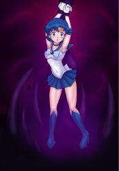 ami_mizuno armpits arms_above_head bishoujo_senshi_sailor_moon blue_eyes blue_hair bondage choker clothing covered_navel earrings femsub high_heel_boots high_heels jewelry pre-transformation rick404 sailor_mercury short_hair skirt small_breasts solo tentacle transformation