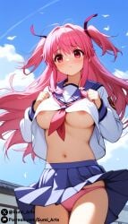 ai_generated angel_beats! blush breasts collar gumi_arts large_breasts long_hair navel nipples outdoors panties pink_eyes pink_hair school_uniform shy skirt stable_diffusion thick_thighs two_side_up wind wind_lift yui_(angel_beats!)