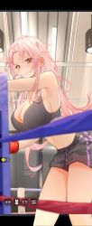 belly_button blush blush boxing boxing_gloves boxing_ring bra game_cg gym gym_clothes hi_res highres how_to_raise_a_harem huge_breasts large_breasts legs long_hair looking_at_viewer mature mature_female messy_hair midriff official_art pink_eyes pink_hair screenshot shorts smile smiling_at_viewer solo solo_female thick_thighs thighs wavy_hair yamahana_yuki_(how_to_raise_a_harem)