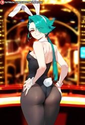 1girls ai_generated ass bunny_ears bunny_tail bunnysuit dclp eyes_visible_through_hair from_behind game_freak green_hair looking_at_viewer looking_back_at_viewer nintendo playboy_bunny pokemon pokemon_sv rika_(pokemon) small_breasts solo standing