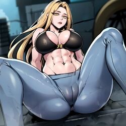 abs ai_generated blonde_hair cameltoe hero_killer jeans manhwa muscular_female spread_legs tight tight_clothing victoria_(hero_killer) webtoon yellow_eyes