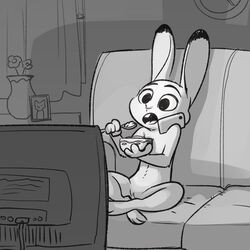 2017 anthro black_and_white buckteeth casual_nudity cereal cross-legged crossed_legs dipstick_ears disney eating female flat_chest flower food fuel_(artist) greyscale holding_object inside judy_hopps lagomorph mammal monochrome nonsexual_nudity nude open_mouth phone phone_call photo plant pussy rabbit sitting sofa solo teeth television watching_tv zootopia