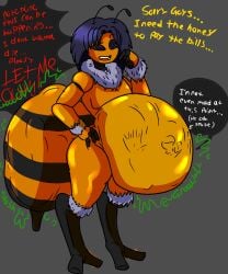 bee bee_boy big_ass big_belly blue_eyes blue_hair bubble_butt digesting_prey digestion digestion_noises digestive_fluids scream screaming vore vore_sex yellow_body