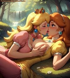 2girls ai_generated asymmetrical_docking bazoombasakimbo blonde_hair blush breast_grab breast_out brown_hair cleavage clothing crown deviantart dress earrings female female_only hand_on_breast kissing mario_(series) multiple_girls nintendo outdoors princess_daisy princess_peach source undressing