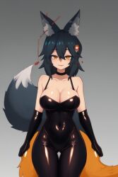 1girls ai_generated animal_ear_fluff animal_ears bangs bare_shoulders bedroom_eyes black_legwear black_tail cleavage curvy_thighs detached_sleeves eyebrows_visible_through_hair eyes_visible_through_hair female fox_girl giant_breasts hair_between_eyes hair_ornament hairclip japanese_clothes large_breasts large_tail latex latex_armwear latex_legwear latex_suit looking_at_viewer orange_eyes orange_tail pantyhose senkiri shiny shiny_breasts shiny_clothes shiny_hair shiny_skin shiny_thighs short_hair solo tail thighs