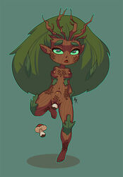 <3_eyes 2017 areola breasts digital_media_(artwork) dryad female flora_fauna green_background green_eyes green_hair hair heart humanoid leaves looking_at_viewer mushroom navel nipples nude object_insertion penetration plant pointy_ears pussy signature simple_background sismicious solo standing tree vaginal_penetration