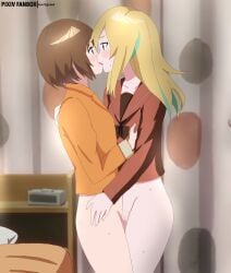 2girls bedroom blonde_hair blue_eyes blush bottomless bow bowtie brown_bow brown_bowtie brown_eyes brown_hair brown_sailor_collar brown_shirt censored collarbone commentary french_kiss green_hair highres indoors jacket kissing kouzuki_mahiru kurigamikun long_hair long_sleeves mosaic_censoring multicolored_hair multiple_girls orange_jacket paid_reward_available pussy roots_(hair) sailor_collar school_uniform serafuku shirt short_hair sidelocks streaked_hair sweat variant_set yamanouchi_kano yoru_no_kurage_wa_oyogenai yuri