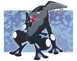 amphibian black_body black_skin bodily_fluids drooling earrings_only eyelashes female generation_6_pokemon genital_fluids genitals greninja kneeling looking_at_viewer nintendo no_humans pokemon pokemon_(species) pussy red_eyes saliva shiny_pokemon solo spread_legs spreading suns_(artist) tongue vaginal_fluids