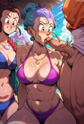 1boy 2girls ai_generated beach bikini blowjob bulma_briefs chichi dragon_ball niduscharger