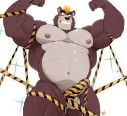 anthro bara bear blonde_hair dan_peligroso erection flexing genitals hair male mammal musclegut muscular nipples nude penis solo tattoo thymilph warning_yiff yellow_tape yellow_tattoo