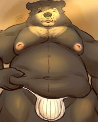 anthro areola bear belly belly_grab biped brown_body bulge clothing detailed_bulge erect_nipples facial_piercing fur hi_res jockstrap kumasaturn2 lying male male_anthro mammal moobs morning mostly_clothed mostly_nude mostly_nude_anthro mostly_nude_male navel nipples nose_piercing obese obese_anthro obese_male on_front overweight overweight_anthro overweight_male piercing slightly_chubby slightly_chubby_anthro slightly_chubby_male solo sun sun_bear underwear ursine were wereursid