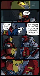 2015 alien ambulon_(transformers) autobot better_version_at_source blue_eyes blush closed_eyes comic cybertronian dialogue digital_media_(artwork) english_text finger_biting glowing hallway heart hi_res humanoid invalid_tag kissing living_aircraft living_machine locker locker_room machine making_out male open_mouth pharma_(transformers) pussy_juice robot schandbringer simple_background sound_effects speech_bubble standing teeth text transformers window yellow_eyes