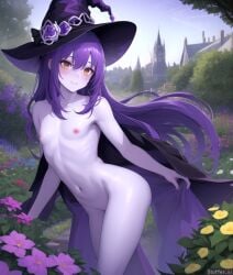 1boy :) aged_up ai_generated anime_style cloak dave_and_bambi_mod feminine garden hortas hortas_edition nude purple_hair purple_skin tagme trap witch_hat young