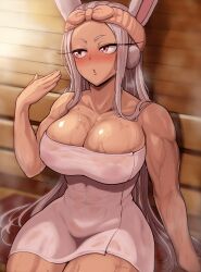 1girls :o animal_ears bare_shoulders blush boku_no_hero_academia breasts cleavage collarbone covered_abs covered_navel dark-skinned_female dark_skin fanning fanning_self female hand_up harurukan hashtag-only_commentary heat highres large_breasts long_eyelashes long_hair looking_to_the_side mirko miruko my_hero_academia naked_towel parted_bangs rabbit_ears rabbit_girl red_eyes rumi_usagiyama sauna sitting solo steam sweat thick_thighs thighs toned_female towel towel_on_head very_long_hair white_hair white_towel wooden_wall