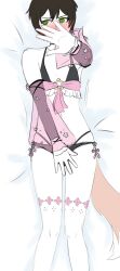 1boy black_hair blush bra covering_crotch crossdressing dakimakura embarrassed femboy fox_tail green_eyes indie_virtual_youtuber leota panties solo tail vedal987 virtual_youtuber vtuber