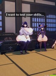 2girls 3d big_ass big_breasts dotolie3d fat fat_woman female female_only genshin_impact high_heels huge_ass huge_breasts hyper_ass hyper_breasts inazuma_girls mona_(genshin_impact) mondstadt_girls multiple_girls raiden_shogun screenshot thighs