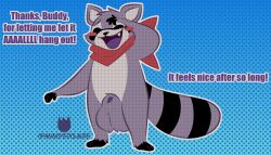 absurd_res animal_genitalia annoyedclaude anthro balls big_balls blush dialogue digital_drawing_(artwork) digital_media_(artwork) english_text fur genitals hi_res huge_balls hyper hyper_balls hyper_genitalia indigo_park kerchief male mammal open_mouth penis procyonid raccoon rambley_(indigo_park) sheath simple_background smile solo tail text