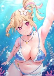 1girls 2d 2d_(artwork) alternate_version_available big_breasts bikini bikini_bottom bikini_top blonde_hair blush bra chromevt cleavage female female_focus female_only flower flower_in_hair front_view heart-shaped_pupils high_resolution highres huge_breasts latam_virtual_youtuber light-skinned_female light_skin looking_at_viewer mole mole_on_thigh mole_under_eye mole_under_mouth multi-strapped_bikini ocean pink_eyes ponytail revealing_clothes revealing_swimsuit short_ponytail smiling smiling_at_viewer solo solo_female solo_focus summer swimsuit thong thong_bikini two_tone_hair underwater unsfrau virtual_youtuber voluptuous voluptuous_female vtuber vtuberfanart water young younger_female
