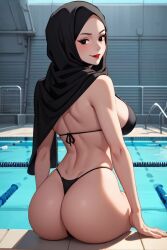 ai_generated back back_dimples big_ass big_breasts big_butt bikini bikini_bottom bikini_top black_bikini black_clothing black_eyes female female_only forehead from_behind hair_accessory hijab light-skinned_female light_skin looking_at_viewer looking_back muslim muslim_female pool poolside red_lips red_lipstick sitting slim_waist smile smiling smiling_at_viewer solo solo_female swimming_pool water