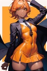 1girls african_female ai_generated dark_skin female fully_clothed orange_hair promptchan simple_backround small_breasts sub_saharan suit tagme thick_thighs