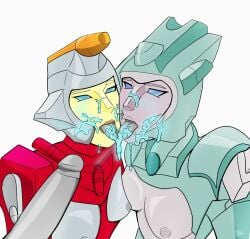 2girls azzertyimages breasts breasts_out cum cum_in_mouth cum_on_face cum_on_tongue cumshot facial firestar moonracer multiple_girls robot robot_girl robot_humanoid transformers