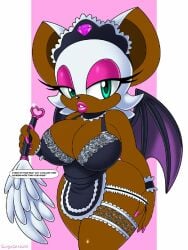 2024 anthro aqua_eyes bat_wings big_breasts big_thighs bimbo breasts curvy_female edit edited english_text huge_breasts large_breasts large_thighs looking_at_viewer maid maid_apron maid_headdress maid_outfit maid_uniform omegasunburst pink_lips pink_lipstick revealing_clothes rouge_the_bat sega skimpy solo sonic_(series) sonic_the_hedgehog_(series) text thick_lips thick_thighs two_tone_background video_game video_game_character video_games
