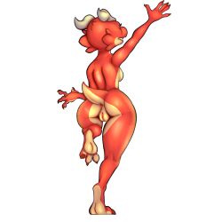 absurd_res anthro anus ass big_butt breasts claws countershading digitigrade female genitals hi_res horn humanoid kobold lizard looking_away nude on_one_leg pussy raised_arm reaching red_body red_skin reptile scalie short_stack small_breasts small_tail solo standing tail thick_thighs wisty