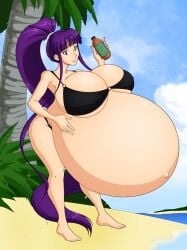 1girls beach belly big_belly big_breasts bikini breasts cleavage eiken female huge_belly huge_breasts hyper_pregnancy kirika_misono ponytail pregnant purple_hair saburox solo solo_female