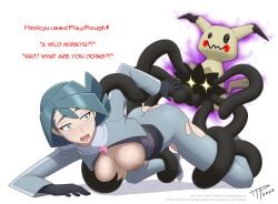 1boy 1girls big_breasts breast_grab conia_(pokemon) doggy_style from_behind ghost mimikyu nintendo nipples onia_(pokemon) pokemon pokemon_(anime) pokemon_horizons pokemon_move pokephilia restained tentacle tentacle_on_female the_tentacle_professor torn_clothes torn_clothing torn_legwear torn_pantyhose zoophilia