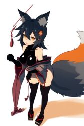 1girls ai_generated animal_ear_fluff animal_ears arm_sleeves bangs bare_shoulders black_armwear black_gloves black_legwear black_sleeves black_tail black_thighhighs curvy_thighs detached_sleeves female female fox_girl hair_between_eyes hair_ornament hairclip japanese_clothes large_breasts large_tail looking_at_viewer open_mouth orange_eyes orange_tail senkiri shiny_clothes short_hair solo tail thighhighs thighs