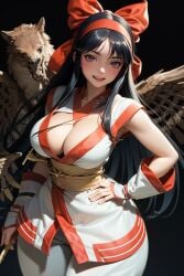 1girls ai_generated ainu_clothes big_breasts black_hair busty cleavage confident female fingerless_gloves hair_ribbon hand_on_hip king_of_fighters large_breasts legs looking_at_viewer mamahaha nakoruru pants pose posing red_eyes samurai_shodown sensual smile snk thighs