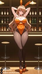 ai_generated aisaka_taiga alternate_body_type brown_eyes brown_hair bunny_ears bunnysuit cleavage covered_pussy gumi_arts hands_behind_head high_heels indoors large_breasts looking_at_viewer pantyhose platform_heels stable_diffusion thick_thighs toradora! wide_hips