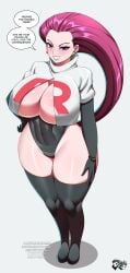 1girls blue_eyes breasts dialogue english_text female hi_res hips huge_breasts jadenkaiba jessie_(pokemon) light-skinned_female light_skin long_hair nintendo pokemon pokemon_(anime) red_hair team_rocket thick_thighs thighs wide_hips