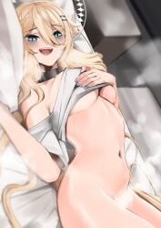 1girls blonde_hair blue_eyes choker dark_circles fangs female female_only hair_ornament halo hand_on_breast kaneko_lumi light-skinned_female light_skin looking_at_viewer no_bra no_panties on_bed phase_connect phase_invaders pupi rain_prophet solo star_ornament steam steam_censor steaming_body underboob virtual_youtuber