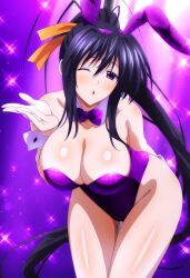 1girls akeno_himejima arm_behind_back bent_over big_breasts black_hair blowing_kiss breasts bunny_ears bunnysuit busty cleavage female female_only hi_res high_school_dxd large_breasts leaning_forward legs leotard long_hair looking_at_viewer one_eye_closed pink_eyes pole pole_dancing ponytail puckered_lips solo thick_thighs thighs very_long_hair wink