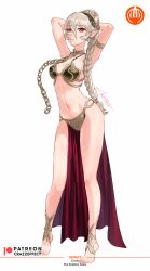 1girls alternate_costume alternate_hairstyle armpits arms_behind_head bare_arms bare_legs bare_midriff barefoot bikini braid braided_ponytail chain_leash chains cleavage collar corrin_(fire_emblem) corrin_(fire_emblem)_(female) cosplay crazzeffect crossover female female_only fire_emblem fire_emblem_fates grey_hair hair_between_eyes hairband leash legs looking_at_viewer metal_collar midriff nintendo pelvic_curtain pointy_ears ponytail pose red_eyes revealing_clothes skimpy_clothes slave slave_bikini slave_leia_(cosplay) solo star_wars very_long_hair white_background