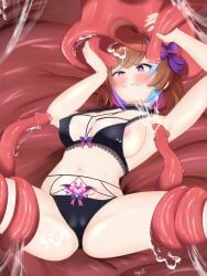 absorbing annie_princessu black_panties blush bow breasts brown_hair cell_(dragon_ball) cum female kuroshiro_nya monster nipples purple_eyes spread_legs succubus_tattoo tattoo_on_belly tentacle tentacle_on_female virtual_youtuber vore vtuber worm