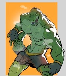 1boy 1male 2023 abs anthro anthro_focus anthro_only anthro_solo athletic athletic_anthro athletic_male bulge bulge_through_clothing crocodile crocodilian crocodylid digital_drawing_(artwork) digital_media_(artwork) erect_nipples erect_penis erection_under_clothes fingerless_gloves gloves male male_anthro male_focus male_only mostly_nude p0sporo partially_clothed partially_clothed_male pecs pectorals penis penis_outline reptile reptile_humanoid smile smiley_face smiling solo solo_anthro solo_focus solo_in_panel solo_male steam steam_clouds steaming_body sweatdrop sweaty_body tongue tongue_out