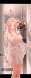 bathrobe before_sex blush blush blushing_at_viewer completely_nude flower functionally_nude functionally_nude_female game_cg hi_res highres how_to_raise_a_harem huge_breasts large_breasts long_hair looking_at_viewer mature mature_female messy_hair no_bra no_panties nude_underneath official_art opening_door pink_eyes pink_hair screenshot suggestive suggestive_look vase wavy_hair yamahana_yuki_(how_to_raise_a_harem)